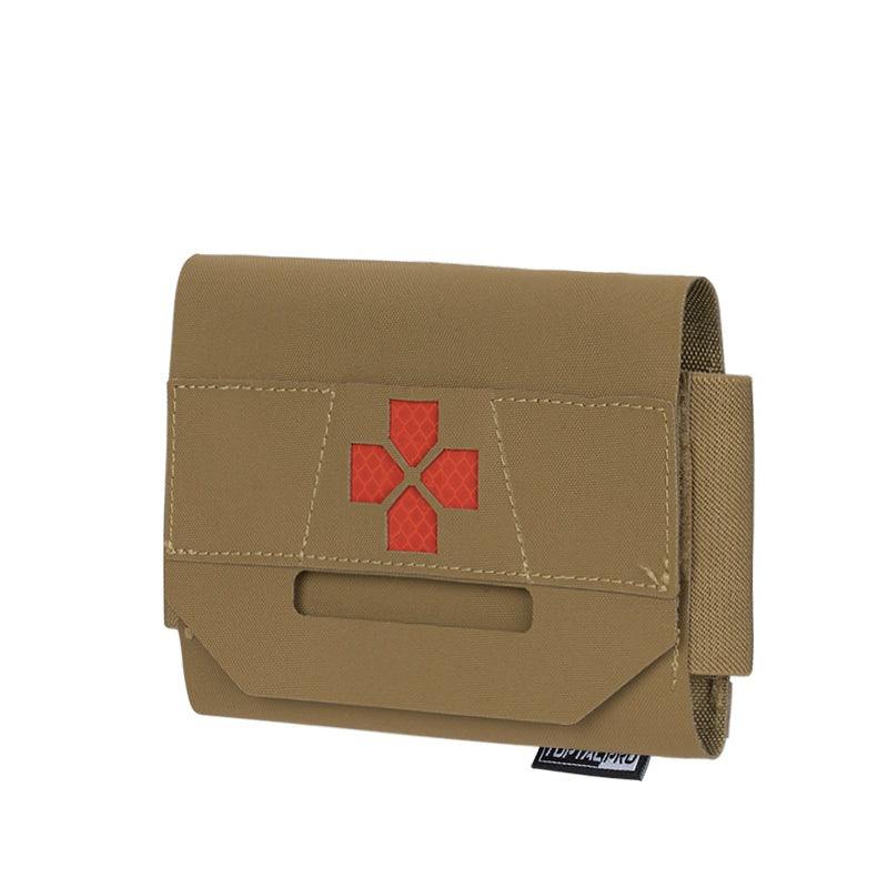 Poche medic micro trauma kit MOLLE TOPTACPRO avec croix rouge médicale CB coyote brown marron foncé trousse de secours militaire gendarme policier Airsoft