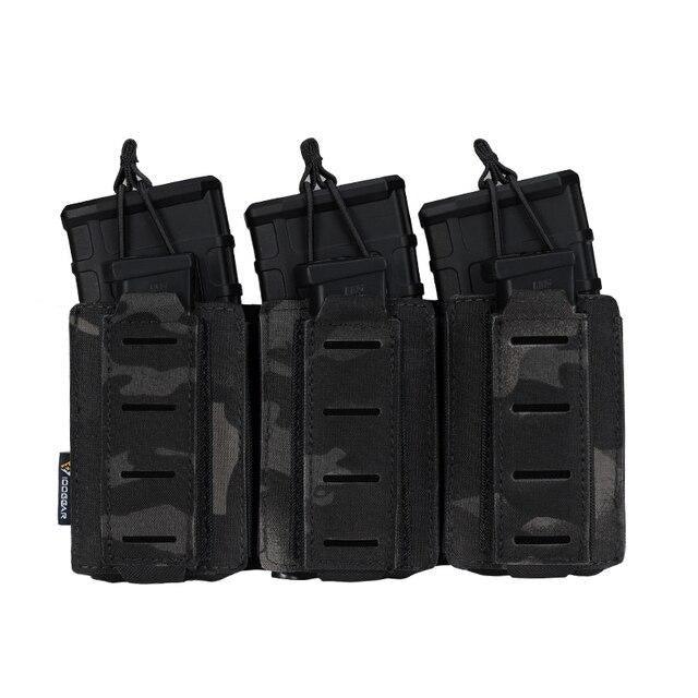 Porte chargeur triple 5.56 avec triple 9mm porte chargeurs MCBK multicam black noir camouflage camo tissus MOLLE découpe laser porte chargeur avec élastique de rétention pour chargeur réplique arme Airsoft