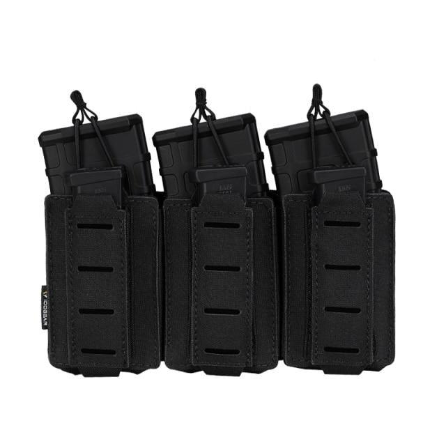 Porte chargeur triple 5.56 avec triple 9mm porte chargeurs Noir tissus MOLLE découpe laser porte chargeur avec élastique de rétention pour chargeur réplique arme Airsoft