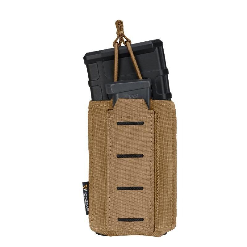 Porte chargeur 5.56 avec chargeur 9mm tactique militaire porte chargeurs CB coyote brown marron foncé tissus MOLLE découpe laser porte chargeur avec élastique de rétention pour chargeur réplique arme Airsoft