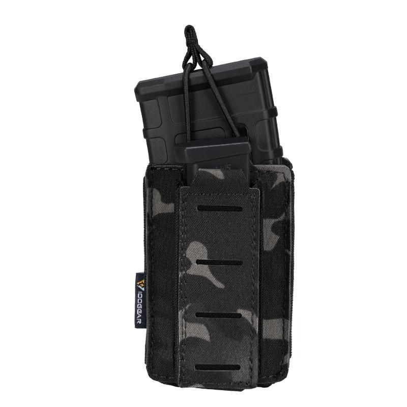 Porte chargeur 5.56 avec chargeur 9mm tactique militaire porte chargeurs MCBK multicam black camouflage camo tissus MOLLE découpe laser porte chargeur avec élastique de rétention pour chargeur réplique arme Airsoft