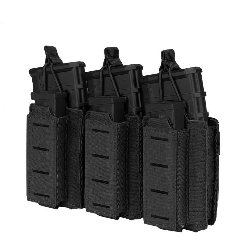 Porte chargeur triple 5.56 avec triple 9mm porte chargeurs Noir tissus MOLLE découpe laser porte chargeur avec élastique de rétention pour chargeur réplique arme Airsoft