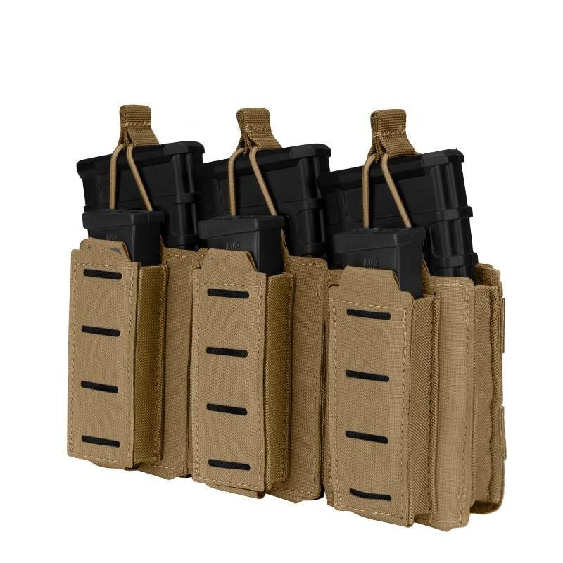 Porte chargeur triple 5.56 avec triple 9mm porte chargeurs CB coyote brown marron foncé tissus MOLLE découpe laser porte chargeur avec élastique de rétention pour chargeur réplique arme Airsoft