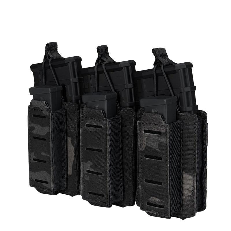 Porte chargeur triple 5.56 avec triple 9mm porte chargeurs MCBK multicam black noir camouflage camo tissus MOLLE découpe laser porte chargeur avec élastique de rétention pour chargeur réplique arme Airsoft
