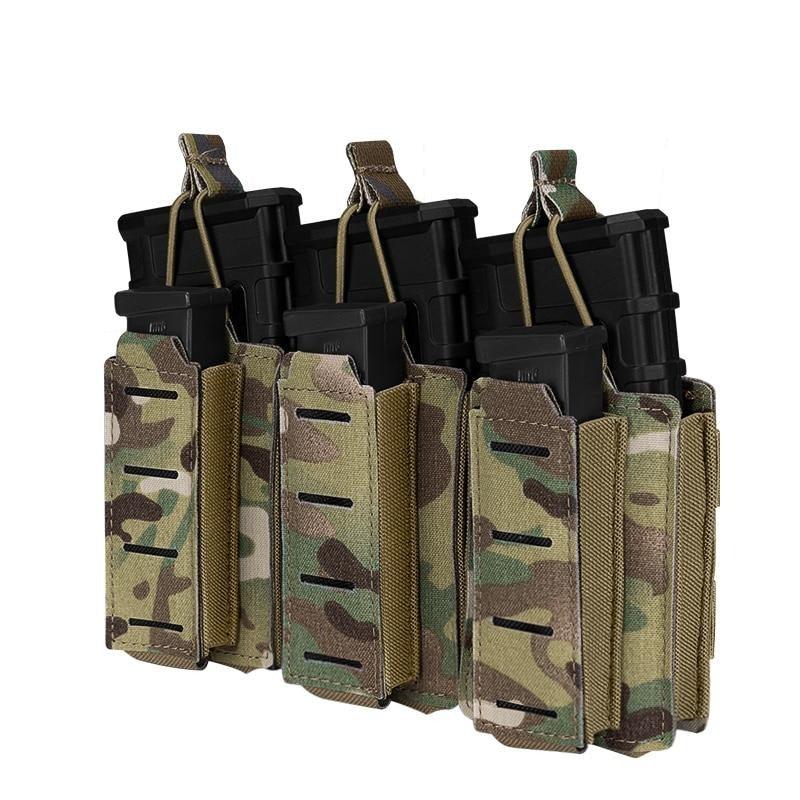 Porte chargeur triple 5.56 avec triple 9mm porte chargeurs MC multicam camouflage camo tissus MOLLE découpe laser porte chargeur avec élastique de rétention pour chargeur réplique arme Airsoft