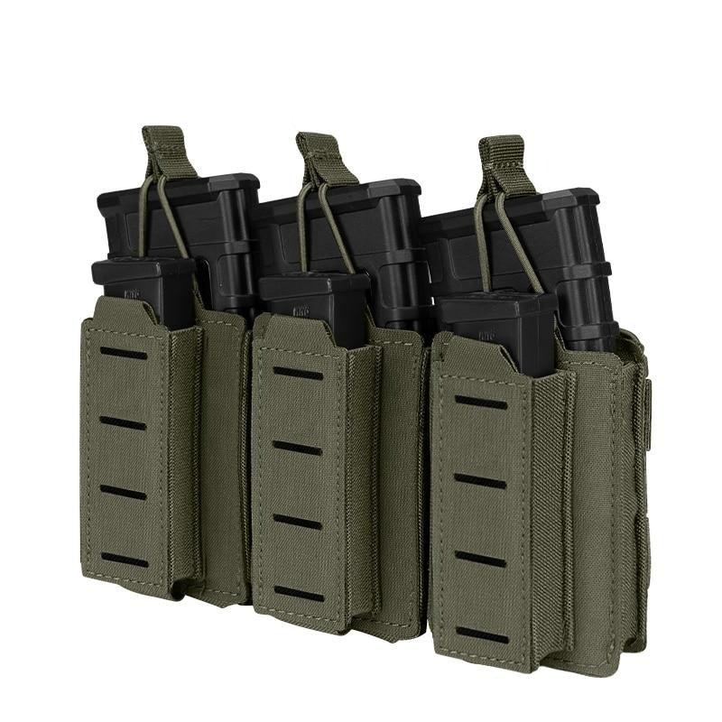 Porte chargeur triple 5.56 avec triple 9mm porte chargeurs RG green army vert foncé tissus MOLLE découpe laser porte chargeur avec élastique de rétention pour chargeur réplique arme Airsoft