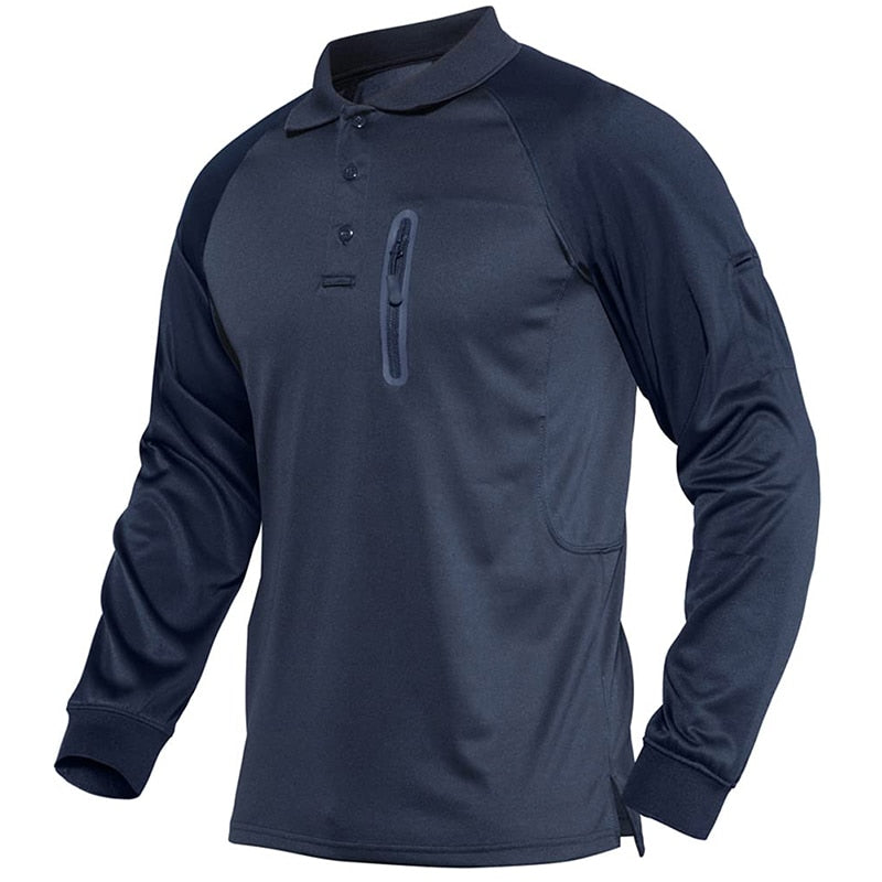 Polo manches longues militaire bleu navy foncé pour hommes avec poche zippée coupe regular vêtement tactique