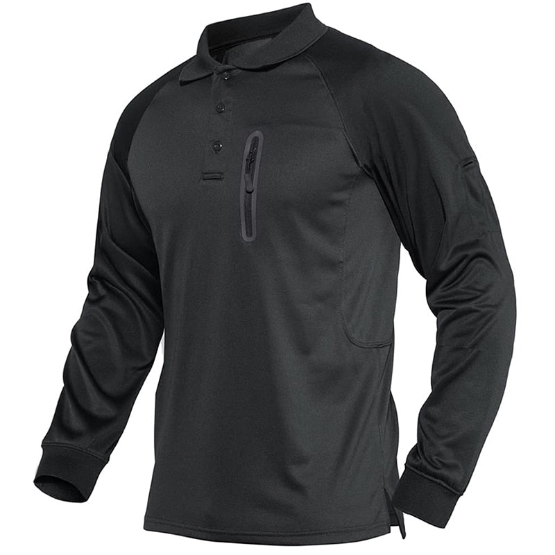 Polo manches longues militaire Noir pour hommes avec poche zippée coupe regular vêtement tactique