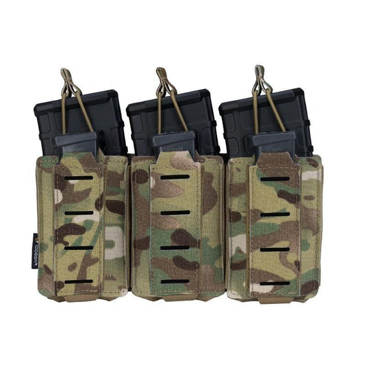 Porte chargeur triple 5.56 avec triple 9mm porte chargeurs MC multicam camouflage camo tissus MOLLE découpe laser porte chargeur avec élastique de rétention pour chargeur réplique arme Airsoft