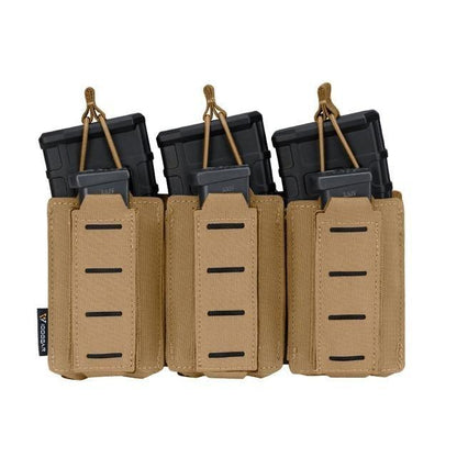 Porte chargeur triple 5.56 avec triple 9mm porte chargeurs CB coyote brown marron foncé tissus MOLLE découpe laser porte chargeur avec élastique de rétention pour chargeur réplique arme Airsoft